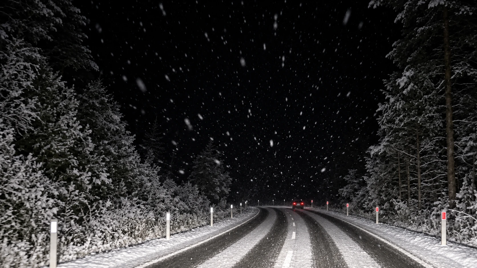 雪夜道路:GRP路侧柔性轮廓标在雪中保持直立,右侧为红色反光片,左侧为白色反光片