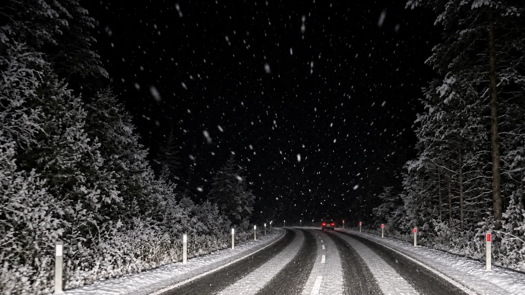 GRP roadside flexible delineator post — Night — in snow, posts standing