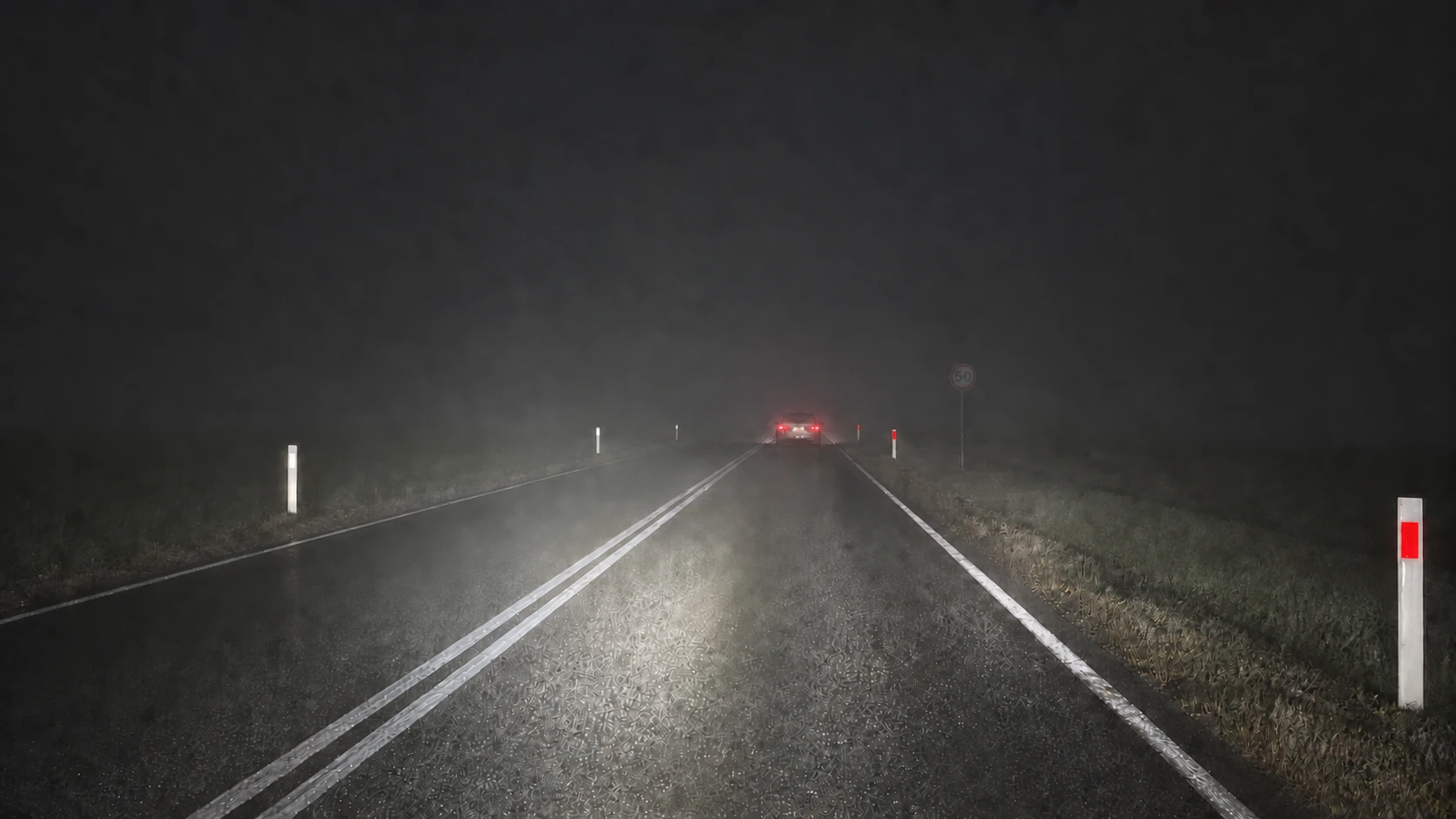 GRP roadside flexible delineator post — Night — in fog