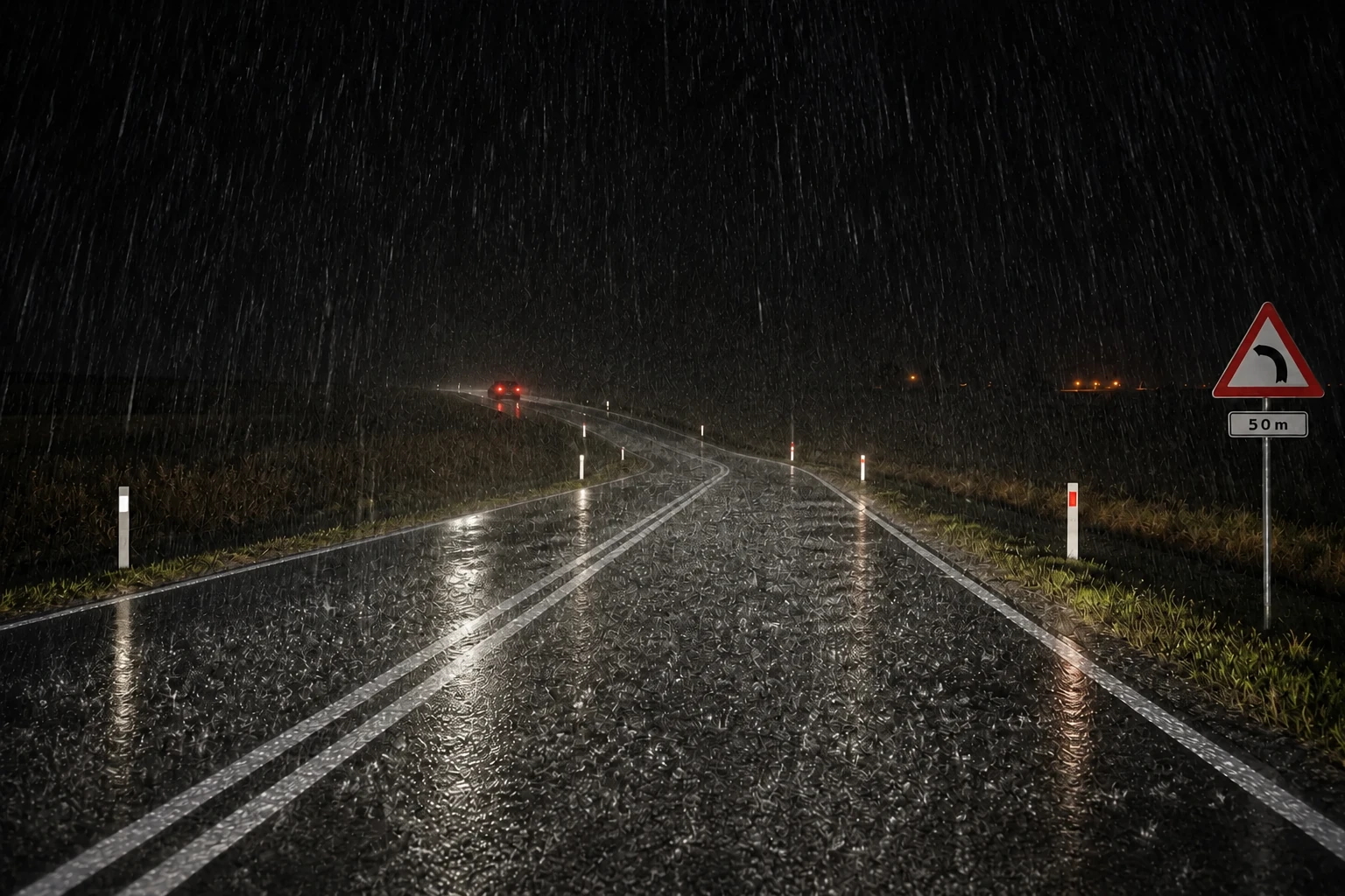 GRP roadside flexible delineator post — Night — in rain: red on the right-hand row, white on the left