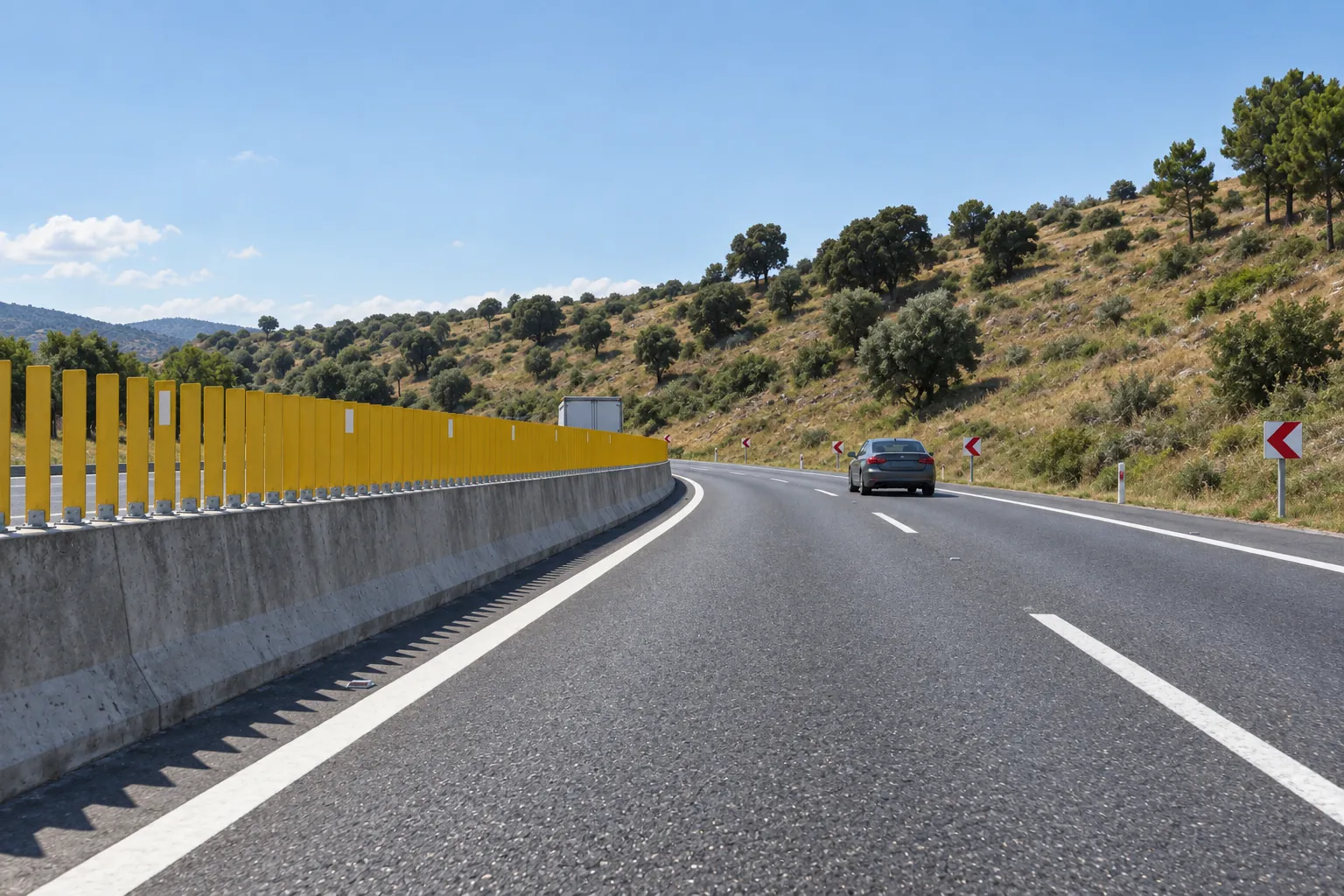 Modular GRP anti-glare screen — In the field: the screen on the median through a left-hand bend