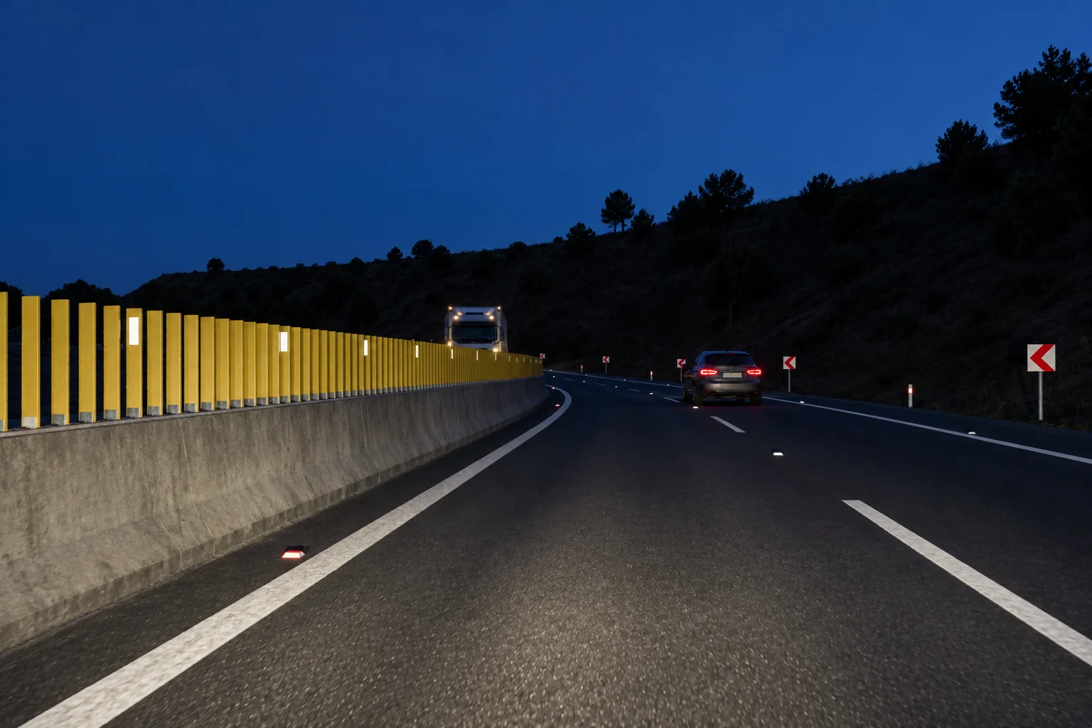 Modular GRP anti-glare screen — Night on the bend: the screen cuts the oncoming headlights, the reflectors trace the line