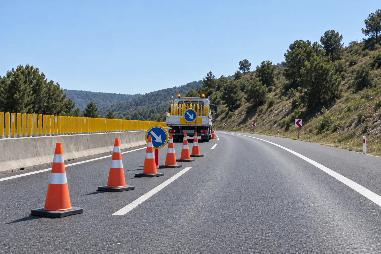 Modular GRP anti-glare screen — Installation: left lane closed, blades fitted from the work vehicle; finished line behind, rail ahead