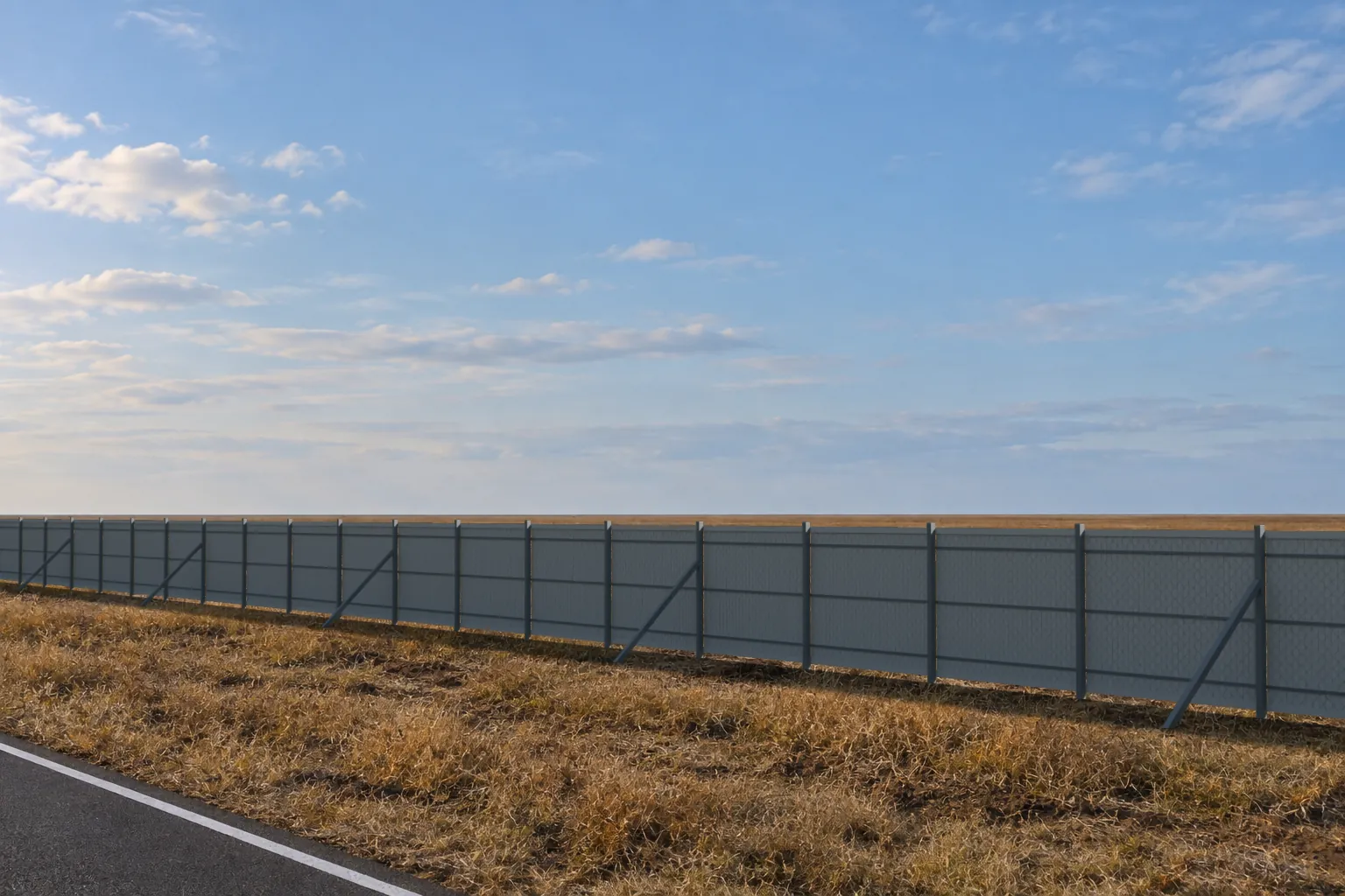 GRP snow fence — In the field, without snow: the same line in autumn