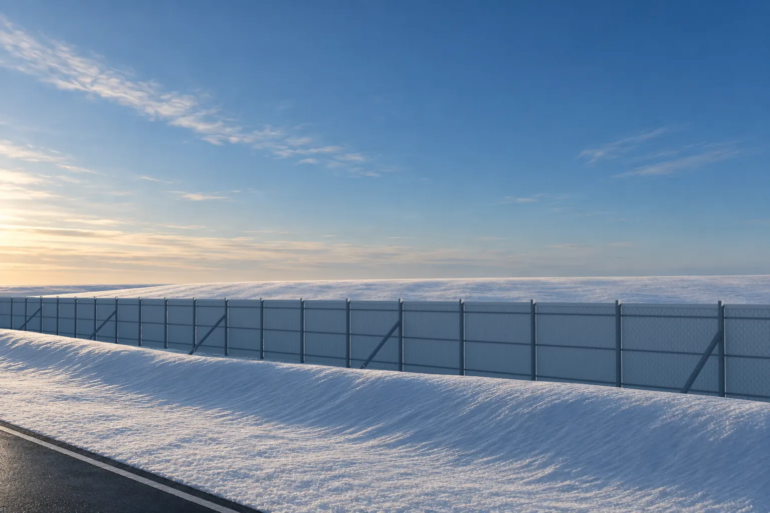 GRP snow fence — In the field, winter: drifting snow settles on the road side of the fence
