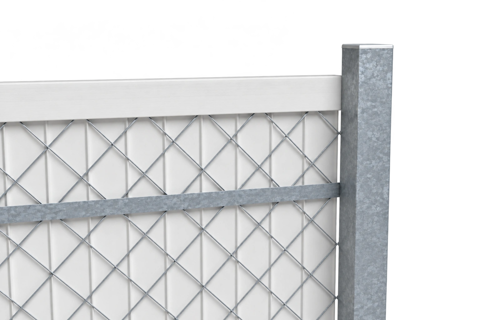 GRP snow fence — Close-up: mesh, overlapping louvres, rail and U cap