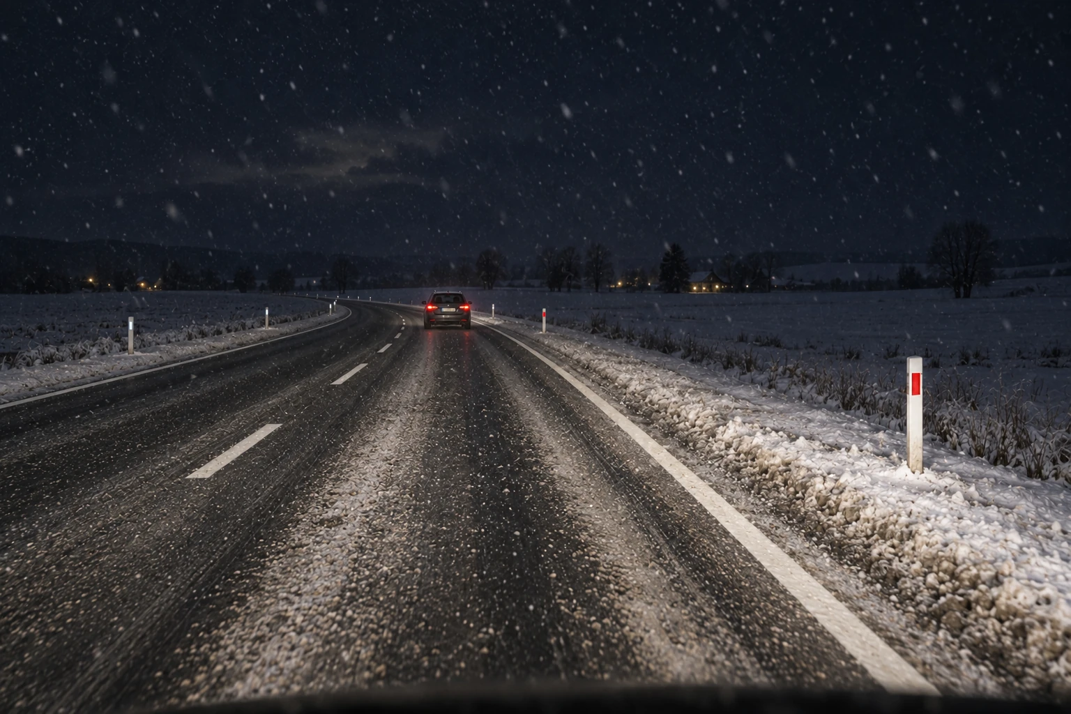 Poste delineador flexible de borde de PRFV — Noche — postes en pie sobre la nieve