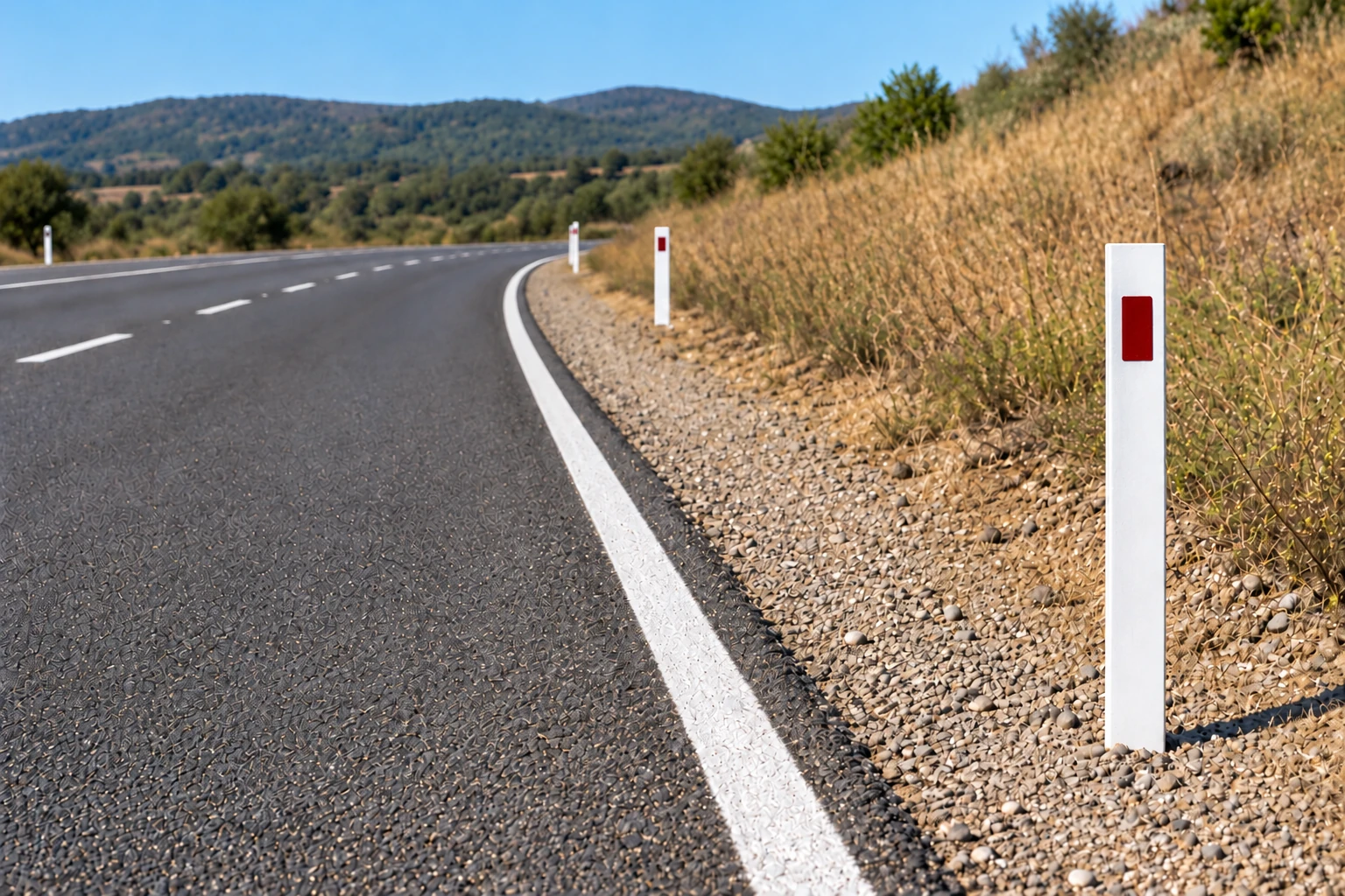 Poste delineador flexible de PRFV para borde de carretera — en situación real