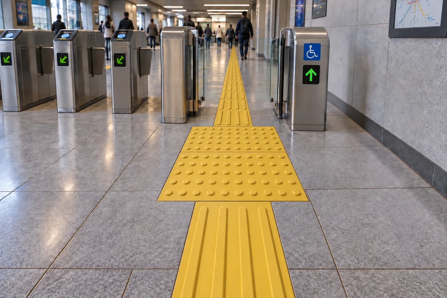 Taktilindikatoren und Rutschhemmung — taktiles Leit- und Warnfeld am Eingang einer U-Bahn-Station — Anwendungsbeispiel