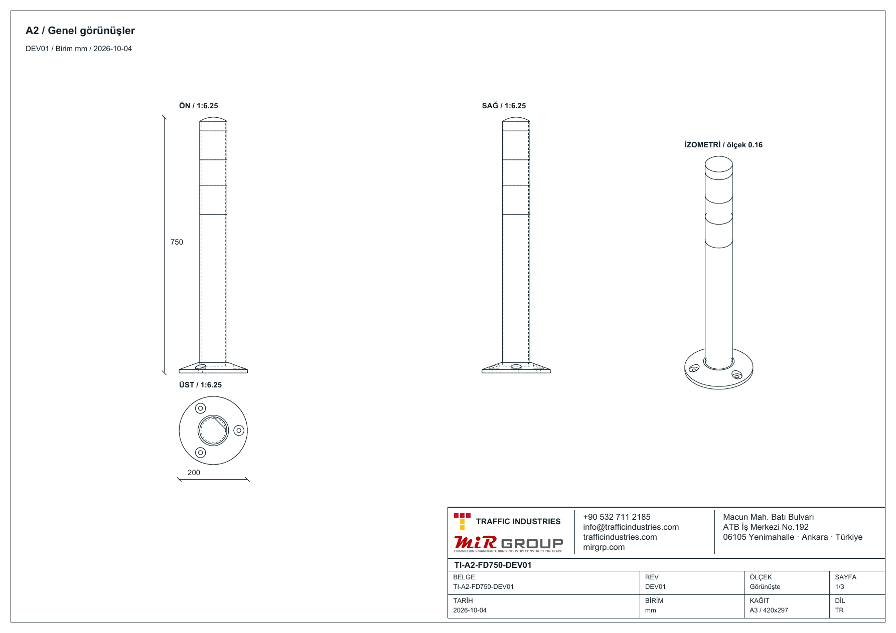 TPU flexible delineator post — DEV01 · sheet 1/3 (Turkish)