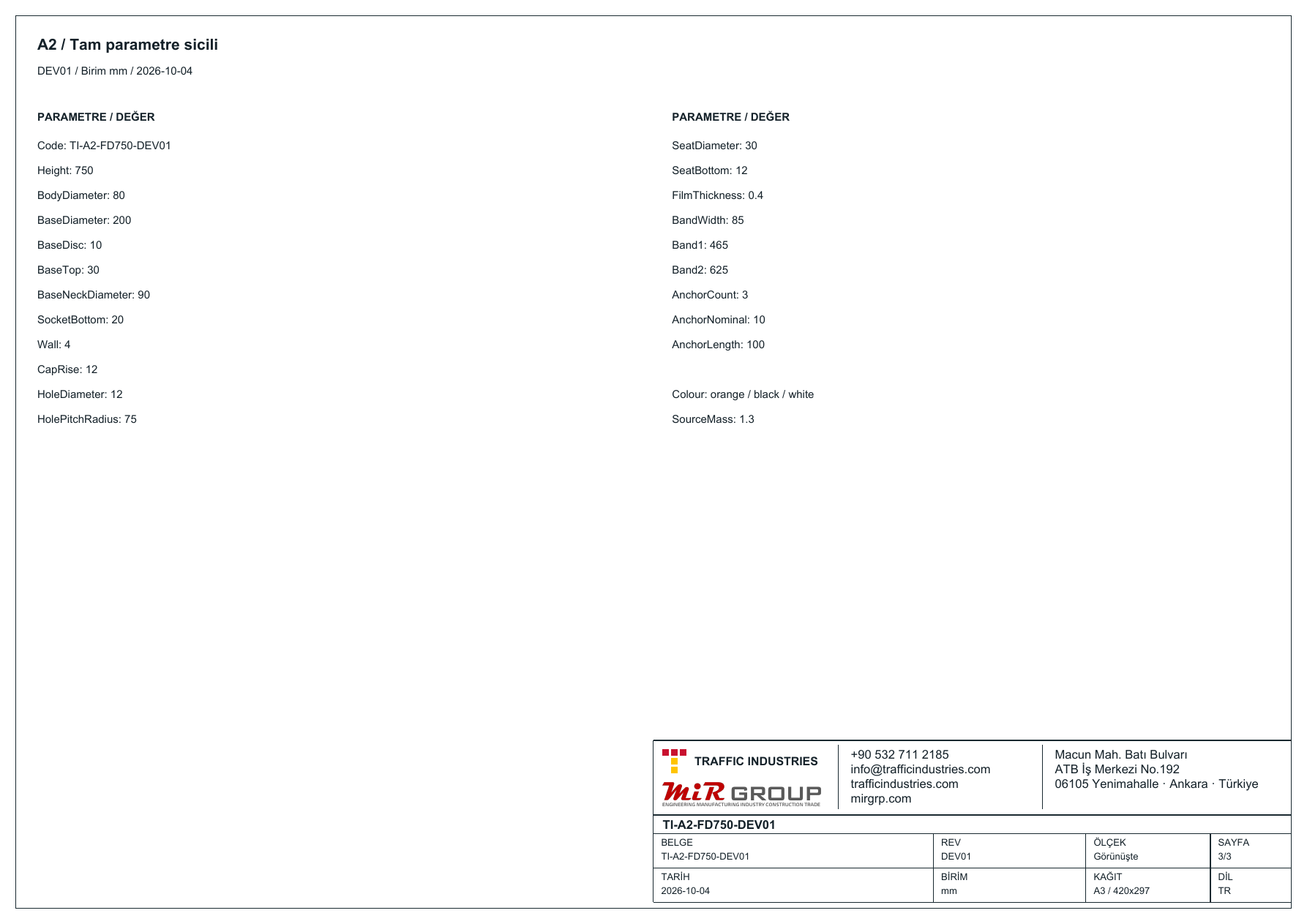 TPU flexible delineator post — DEV01 · sheet 3/3 (Turkish)