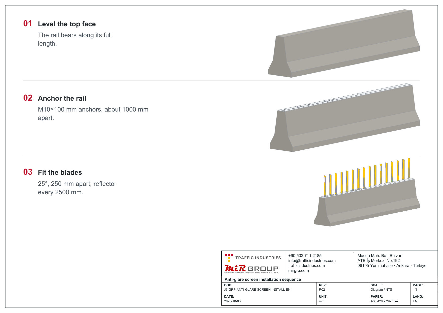 Anti-glare screen installation sequence: barrier top levelled, rail anchored, blades and reflector fitted
