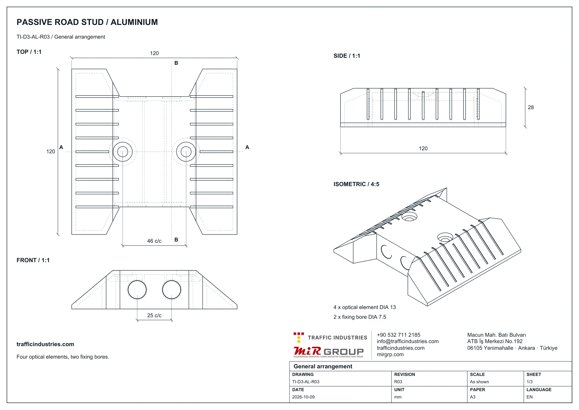 Passiver Fahrbahnmarkierungsknopf aus Aluminium: bemaßte Draufsicht, Vorderansicht, Seitenansicht und isometrische Ansichten von TI-D3-AL-R03