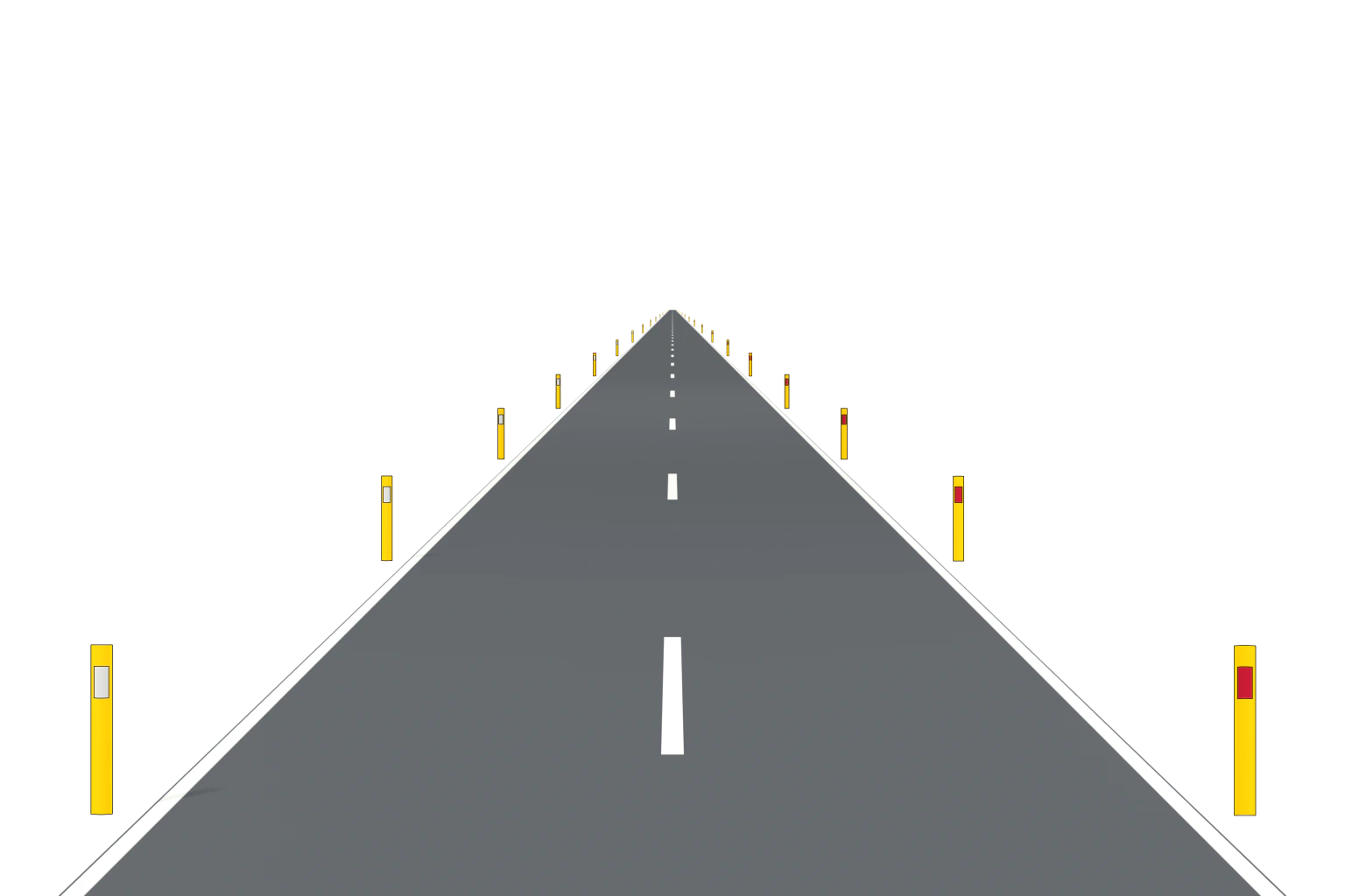 Reflector faces seen by the driver: right edge red, left edge white
